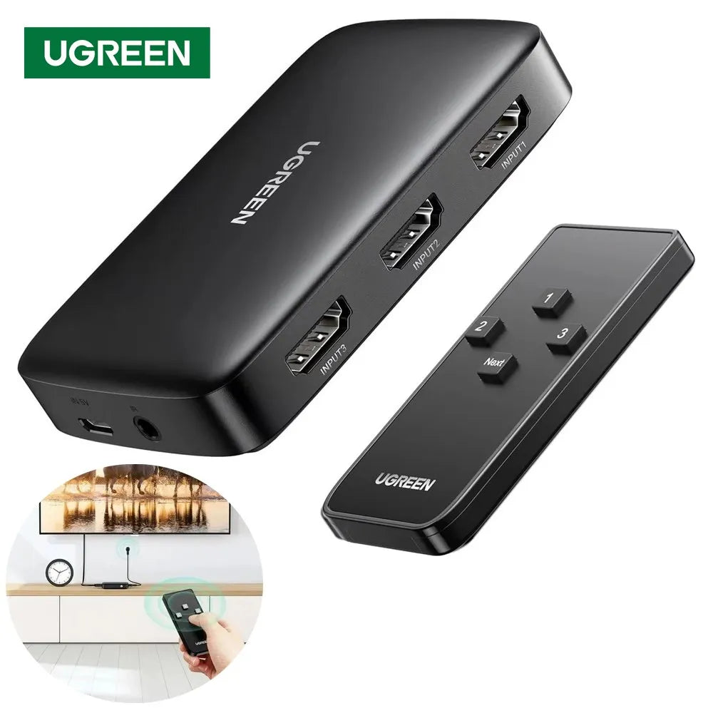 Switch HDMI 3 Puertos 4K 30Hz 3D HDR UGREEN con Control HDCP 1.4 S1656