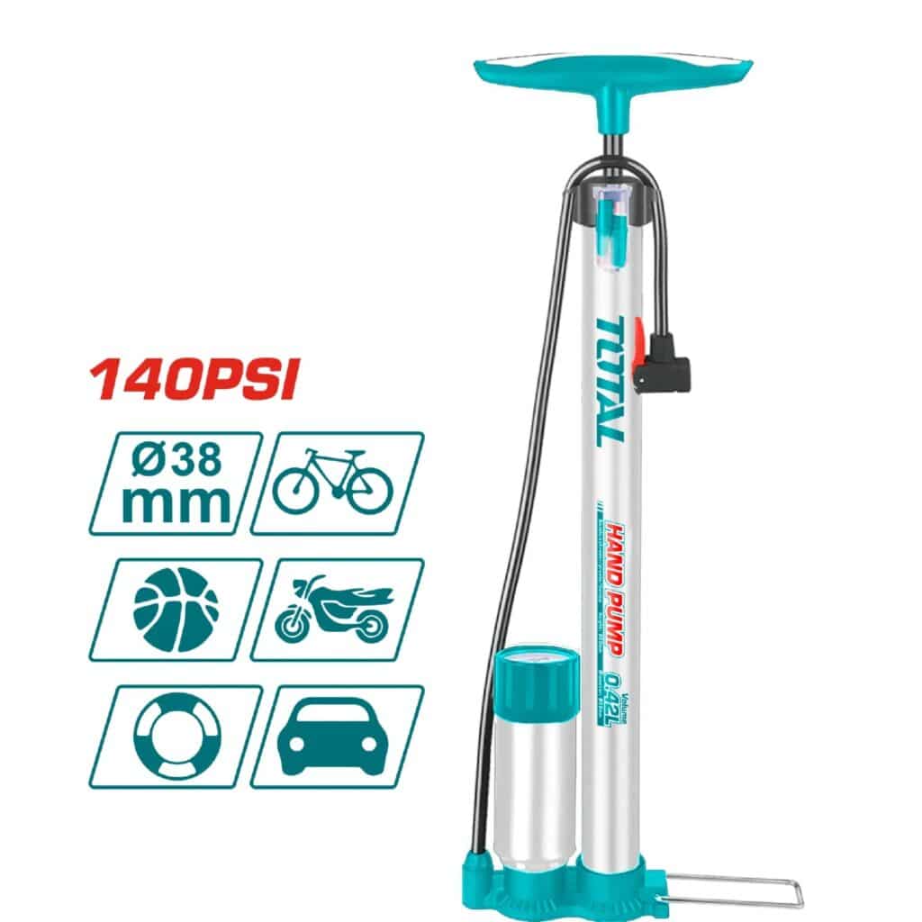 Inflador Manual de Pie TOTAL 38x500mm con Tanque y Manómetro 50mm Bar/PSI Cabezal Multiválvula TMPP3811 S2324