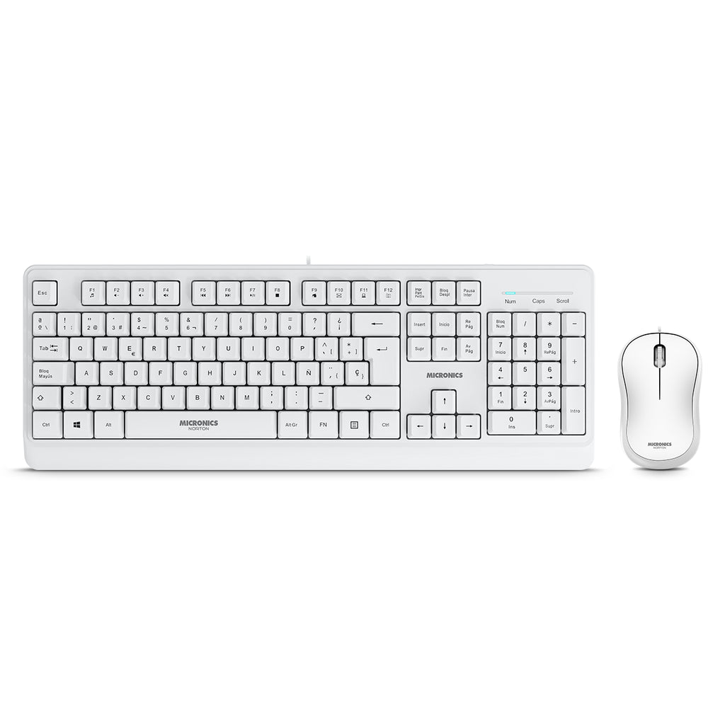 Kit Multimedia Teclado y Mouse USB Micronics Norton Blanco Waterproof UV 1000DPI MIC T100W s2240