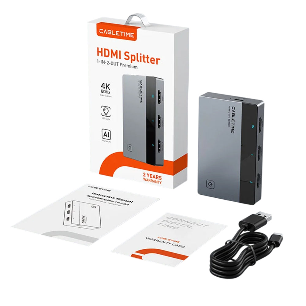 Splitter HDMI 1 en 2 CABLETIME 4K 60Hz Duplicador Extensor Espejo ABB/AAA USB-C Aluminio PS5 PC CP36G S2281