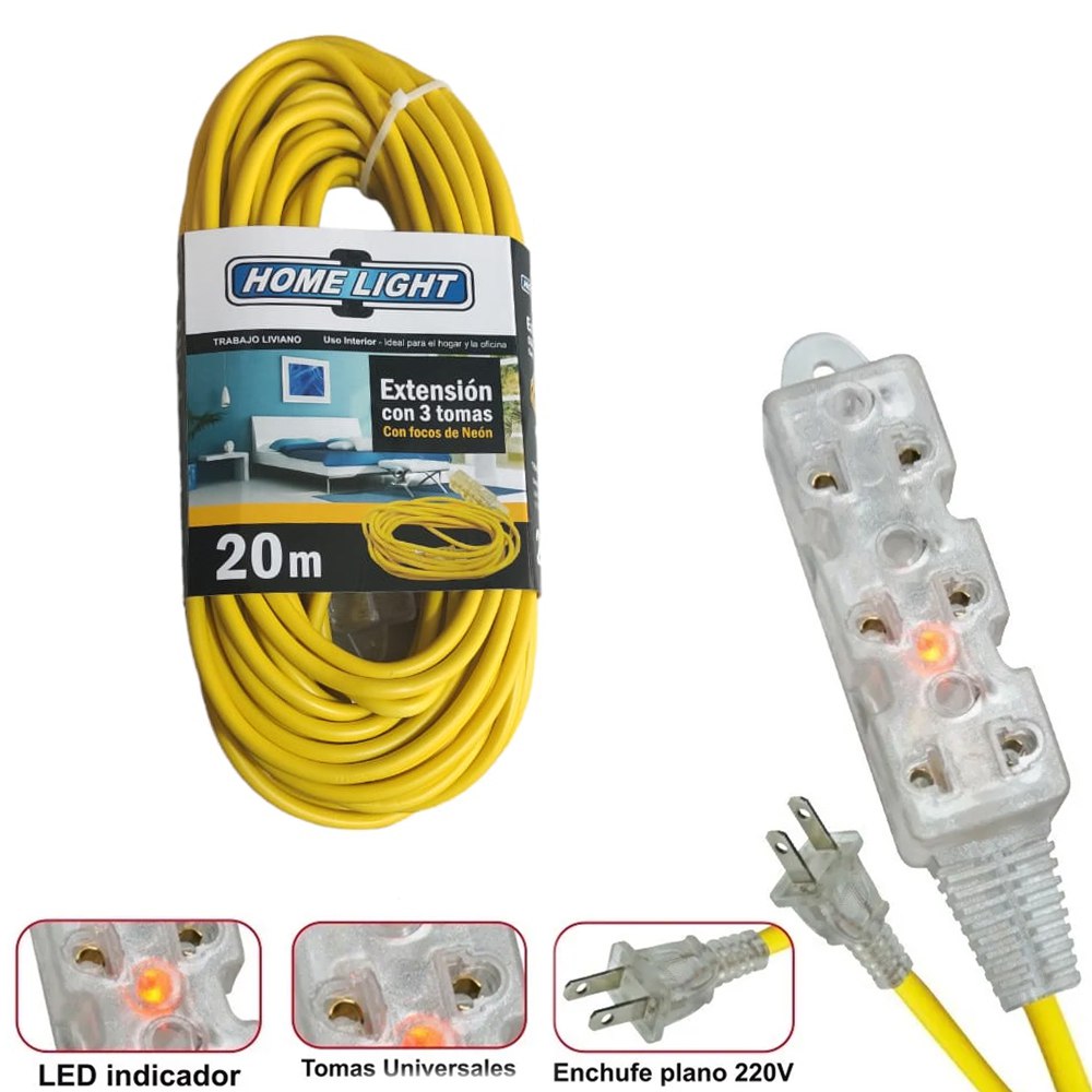 Extensión Eléctrica Cable Vulcanizado de 3 Tomas 20 metros HOME LIGHT S1446