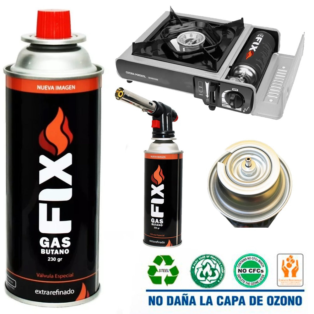 Gas Butano FIX Ultra Refinado 230g | Válvula Universal para Cocinillas y Flameadores S1249