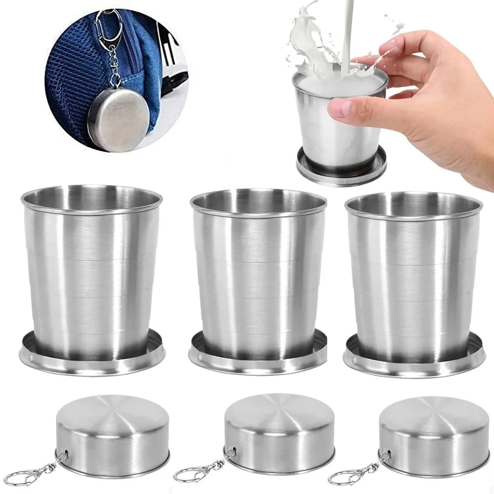 3 Vaso Plegable de Acero Inoxidable 8cm con Llavero Reutilizable 140ml S1802