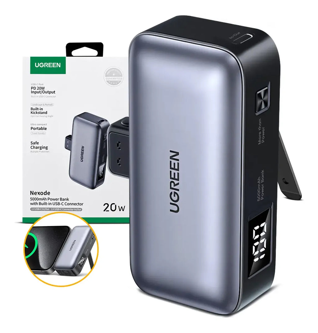 Mini Power Bank Ugreen 5000 mAh Carga Rápida 20W USB-C Integrado PB503 con Soporte y Pantalla LED S2200