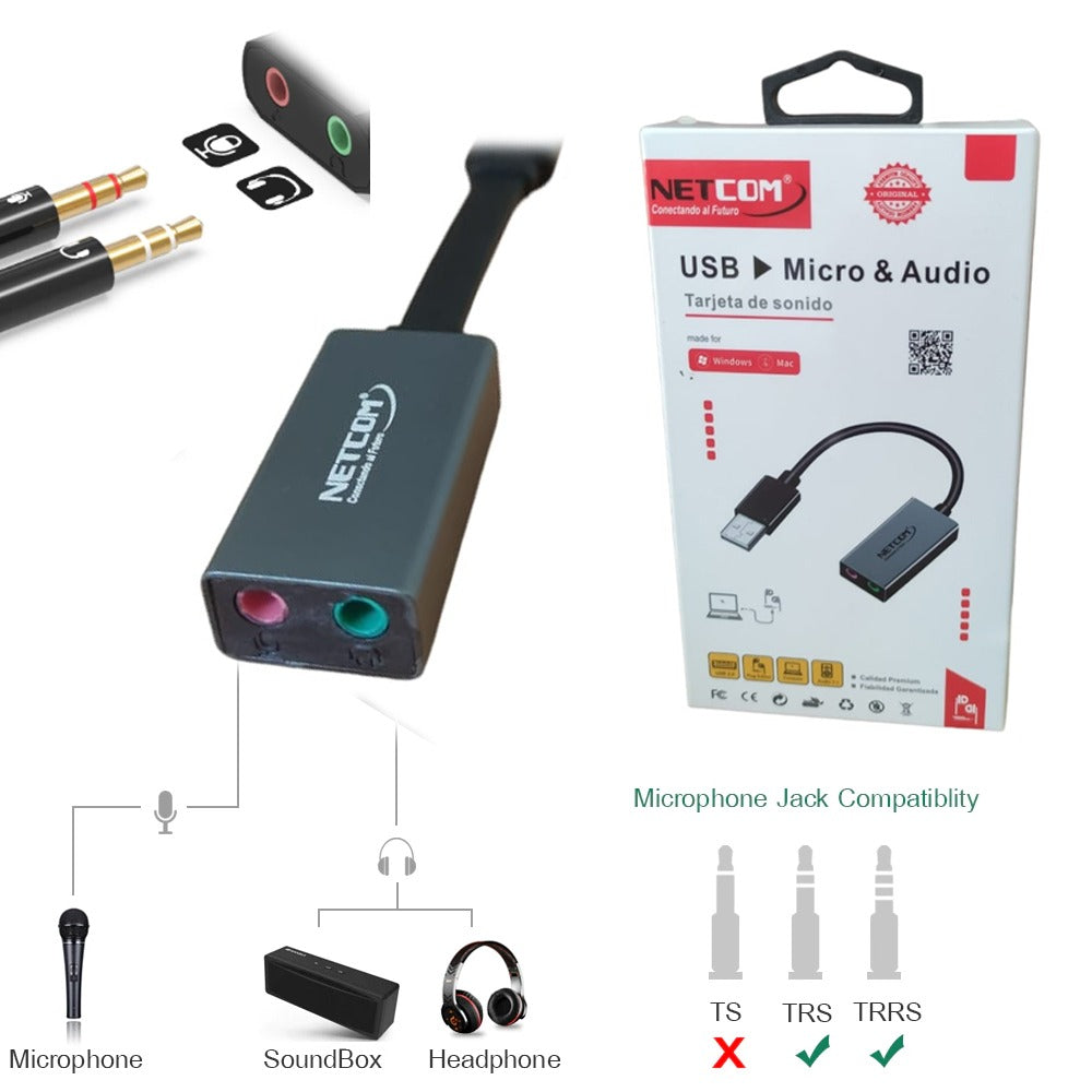 Tarjeta de Sonido Externa USB Microfono y Audifono Netcom S1182