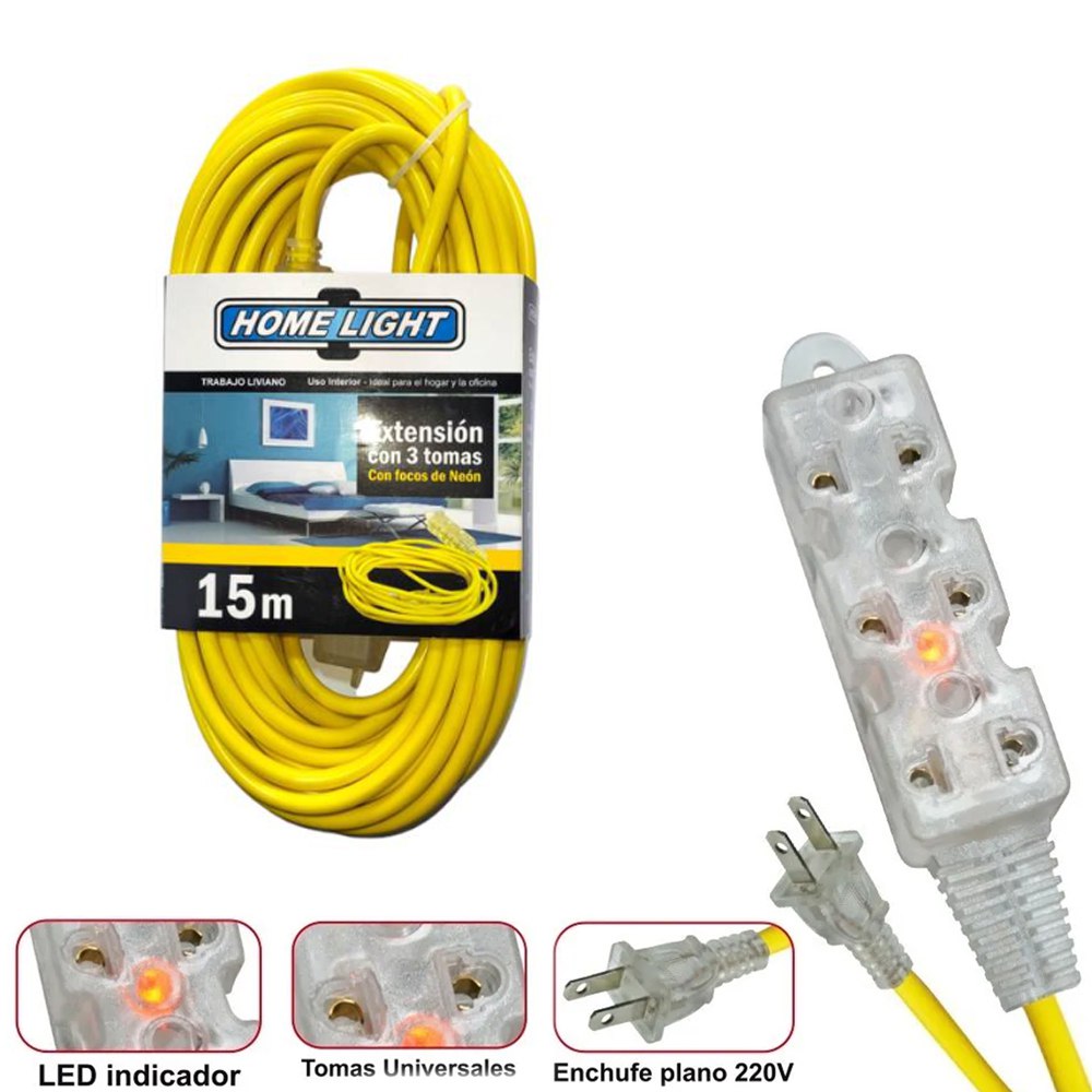 Extensión Eléctrica Cable Vulcanizado de 3 Tomas 15 Metros Home Light S1445