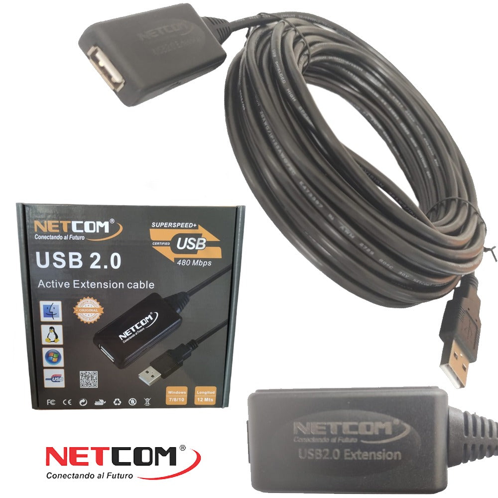 Cable Extensión USB 2.0 Activo Netcom Macho a Hembra 12 Metros S1175