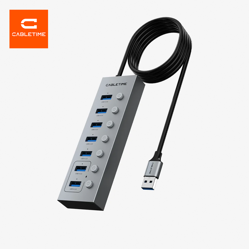 Hub USB 3.0 de 7 Puertos CABLETIME con Interruptores Individuales LED Cable Largo de 1 Metro Alimentación Auxiliar USB-C 5V y Doble Chip GL3510 para PC y Laptop S2361