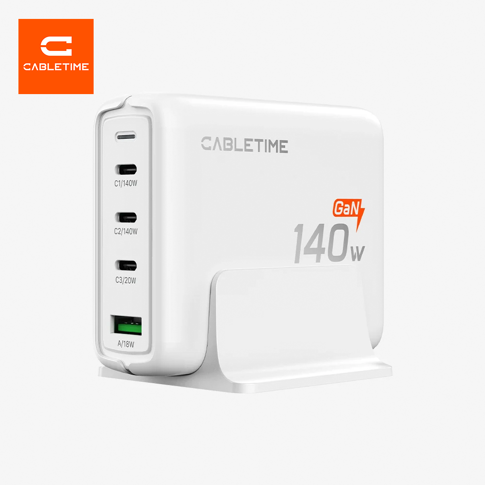Estación de Carga de Escritorio CABLETIME 140W GaN 4 en 1 Cargador Rápido USB-C PD 3.1 con Base Soporte y Cable de 1.5m CT-GAN140-PWE S2343