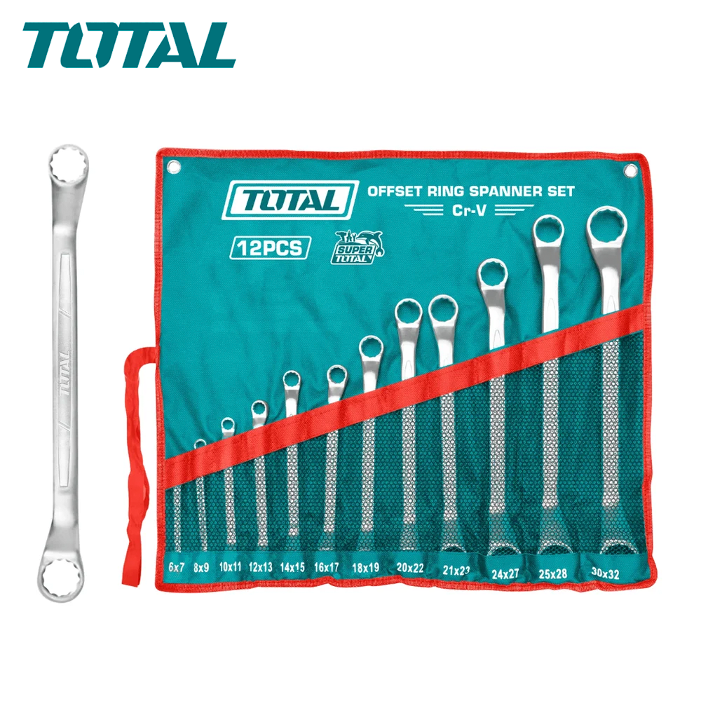 Juego de Llaves Doble Corona Acodadas 12 Piezas TOTAL 6-32mm Acero Cr-V con Estuche de Lona Enrollable THT1024121 S2320