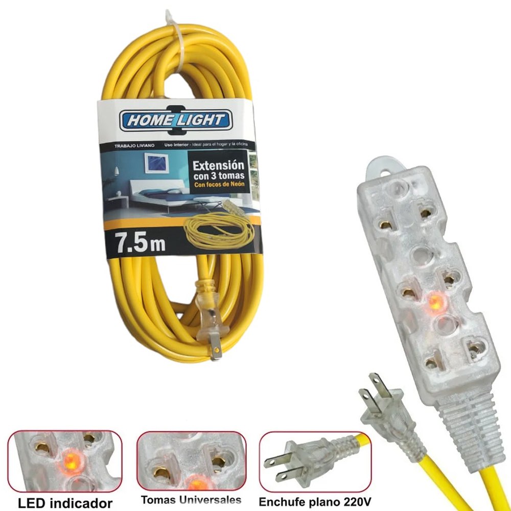 Extensión Eléctrica Cable Vulcanizado de 3 Tomas 7.5 Metros HOME LIGHT S1443