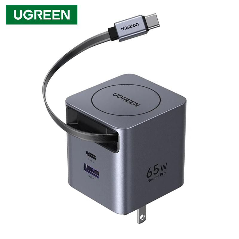 Cargador de Pared UGREEN Nexode Pro 65W GaN Cable USB-C Retráctil 0.7m Dual Port USB-C y USB-A S2299