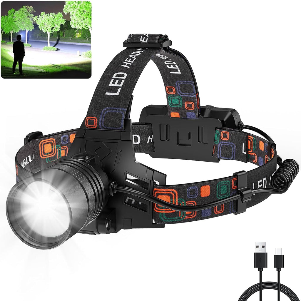 Linterna Frontal LED Recargable SKNSL 99000 Lúmenes Zoom Ajustable 90° IPX6 Batería 45H s2243