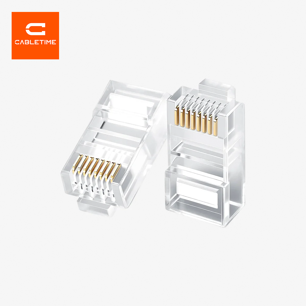 Conectores RJ45 Cat6 CABLETIME Pack de 100 Unidades Terminales 8P8C Chapados en Oro Contactos de 3 Puntas Carcasa de Policarbonato Transparente para Cable de Red UTP Gigabit 1000Mbps S2363