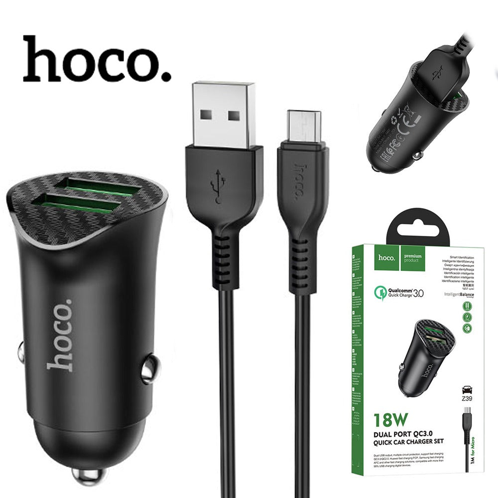 Cargador para Auto Hoco Z39 Dual USB 18W | QC 3.0 + Cable Micro USB S1108