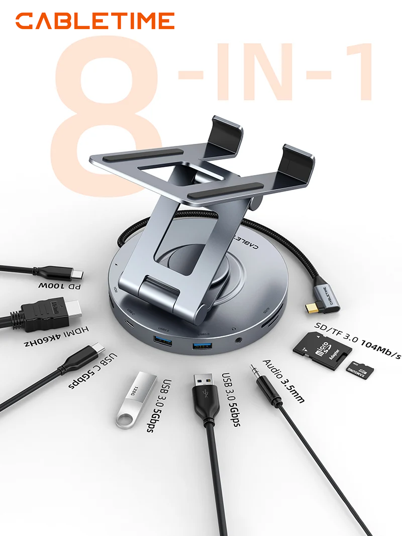 Docking Station y Soporte 8 en 1 USB-C CABLETIME 4K 60Hz PD 100W SD/TF 3.5mm Base Giratoria 360° iPad Pro Air CB02G S2277