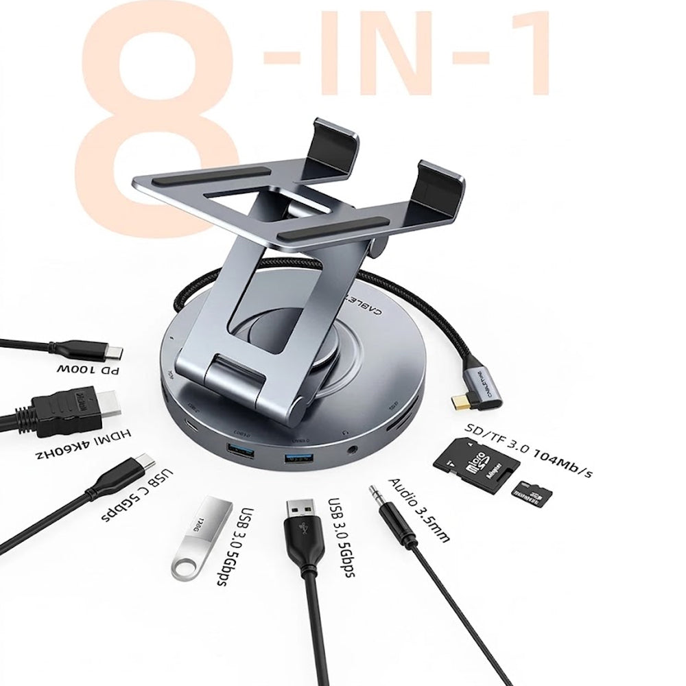 Docking Station y Soporte 8 en 1 USB-C CABLETIME 4K 60Hz PD 100W SD/TF 3.5mm Base Giratoria 360° iPad Pro Air CB02G S2277