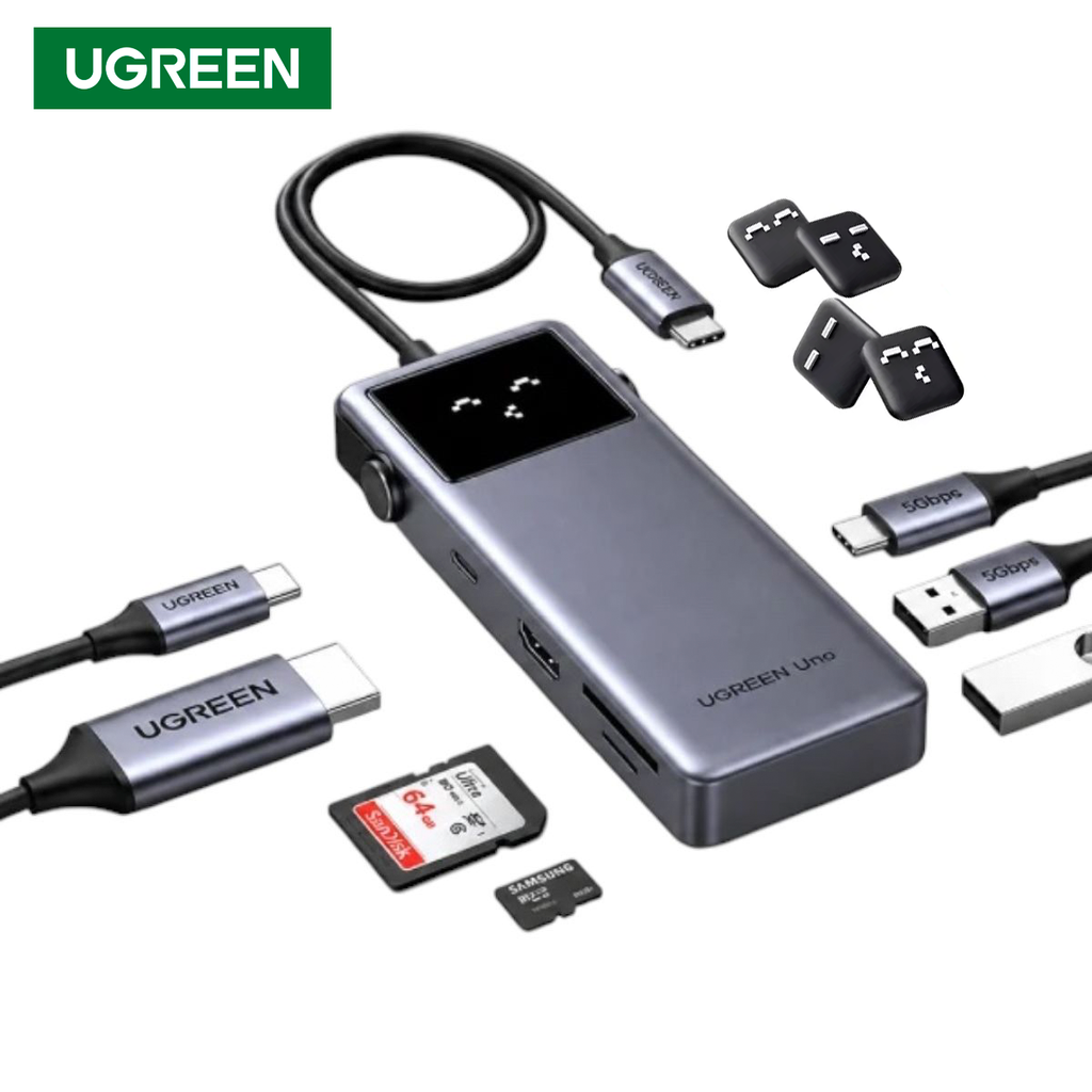 Adaptador Hub USB-C UGREEN UNO 7 en 1 HDMI 4K@60Hz Carga PD 100W Lector SD/TF y Pantalla Digital S2198