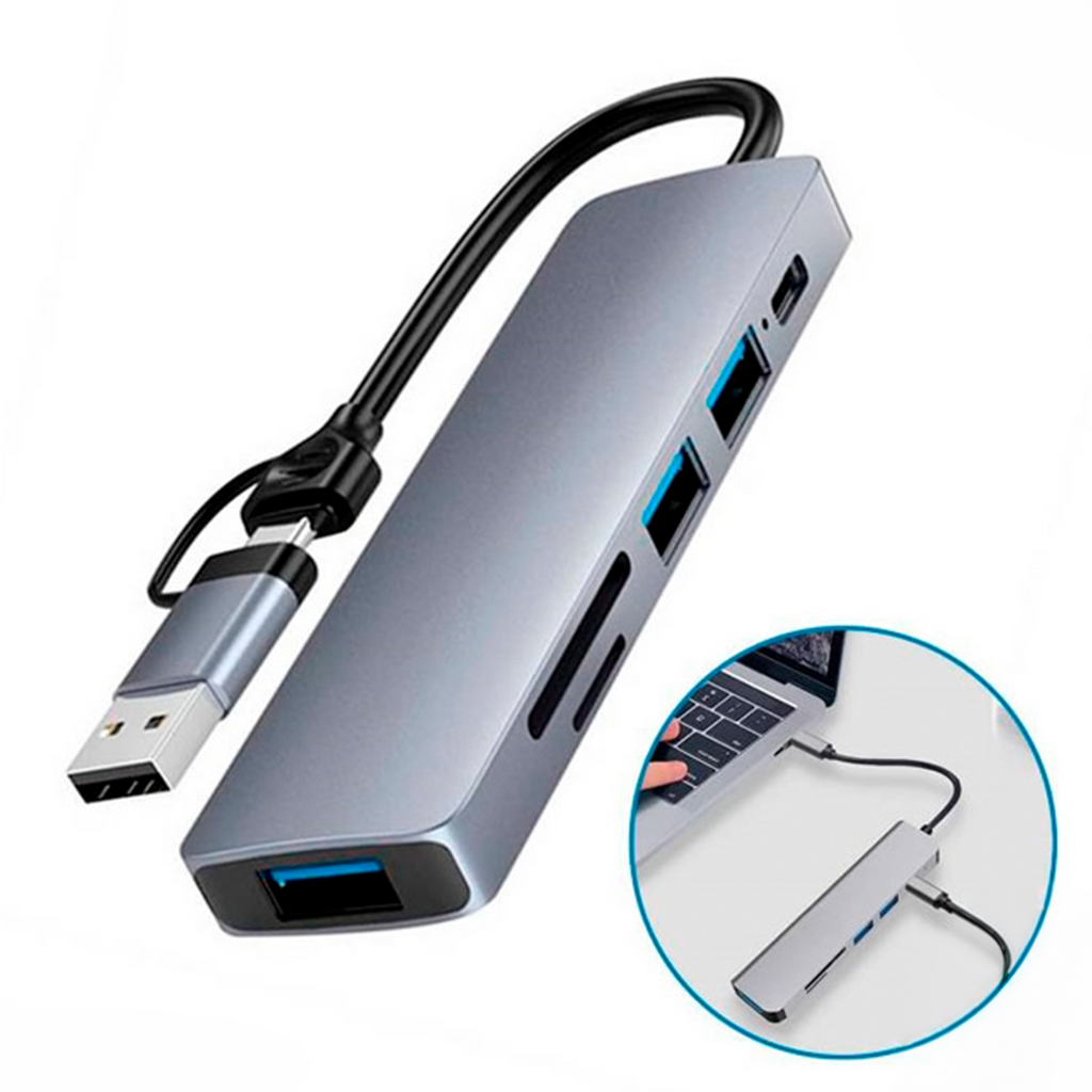Hub Adaptador Multipuertos 6 en 1 (Tipo-C y USB a USB 3.0, SD/TF y PD 100W) s2100