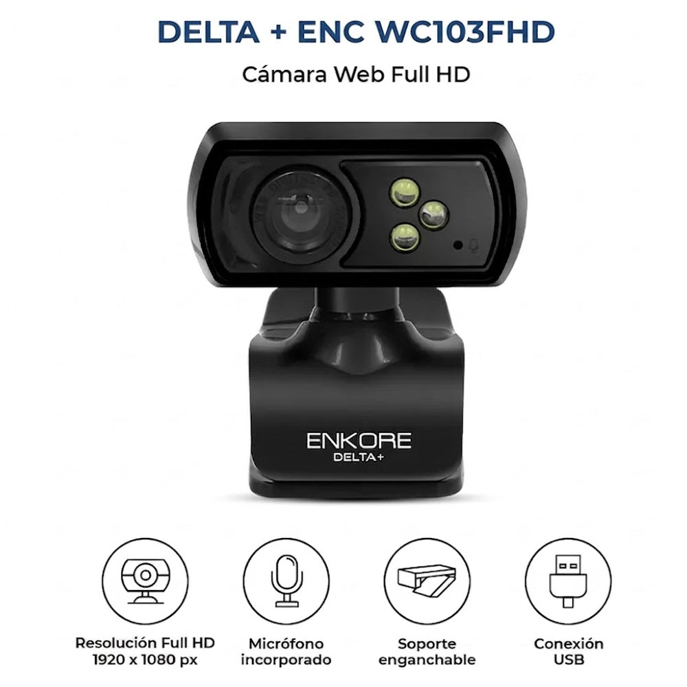 Cámara Web Full HD 1080p Enkore Delta+ ENC WC103 3 LEDs Micrófono Clip USB Plug & Play s2249