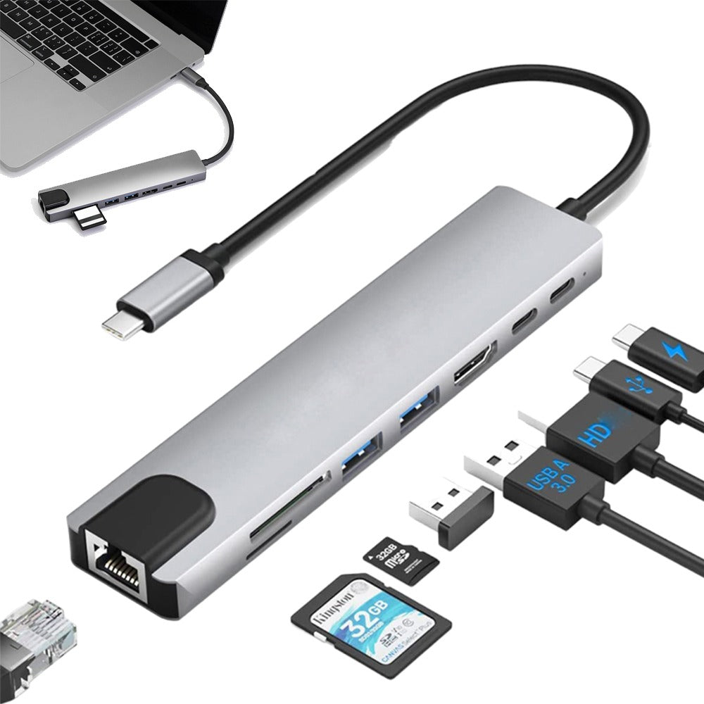Adaptador Tipo C A HDMI 4K USB 3.0 Lan 8 En 1 Multipuerto SD TF S1245