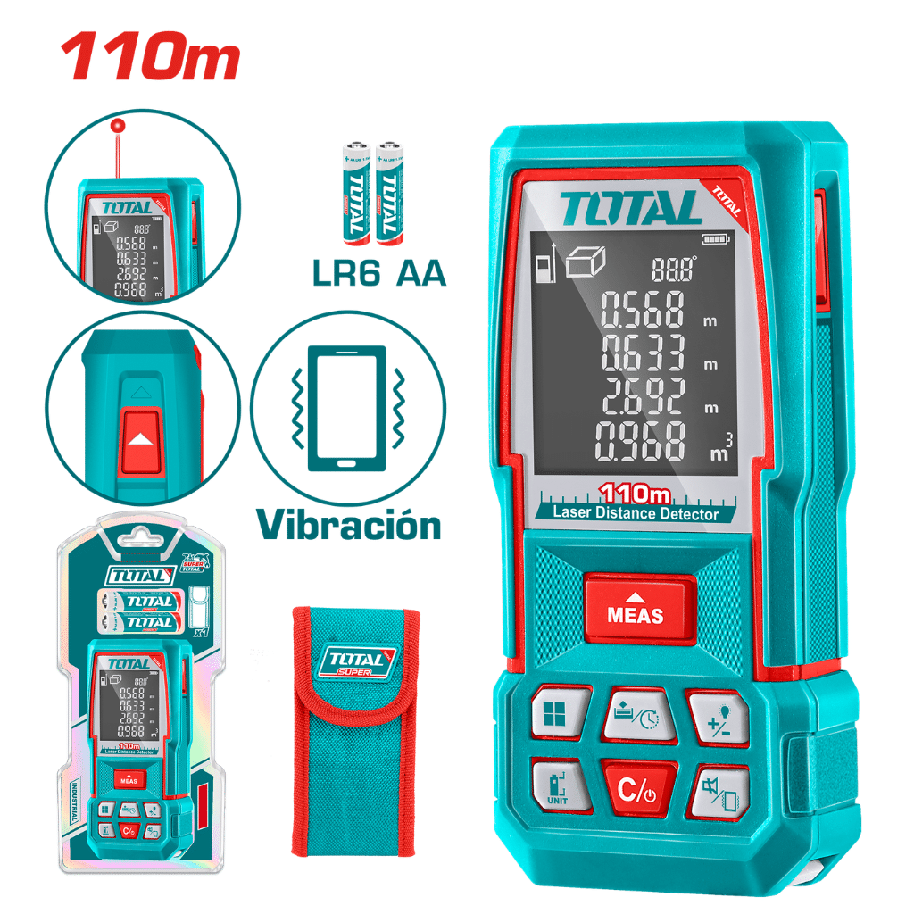 Medidor de Distancia Láser TOTAL 110m Telémetro Digital Industrial Precisión ±2mm Sensor de Inclinación Vibración Pantalla LCDS2308