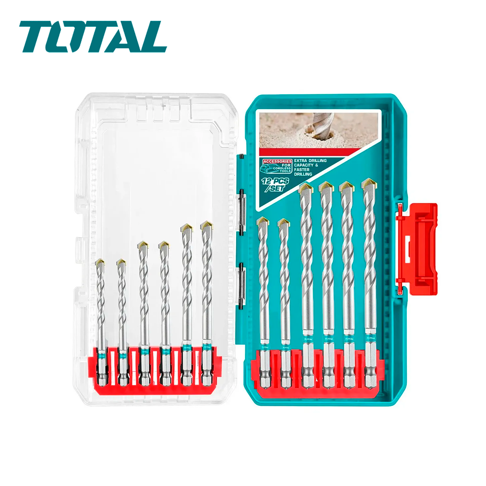 Juego de Brocas para Albañilería y Concreto 12 Piezas TOTAL 3-10mm Vástago Hexagonal 1/4" Punta de Carburo con Estuche Industrial S2323