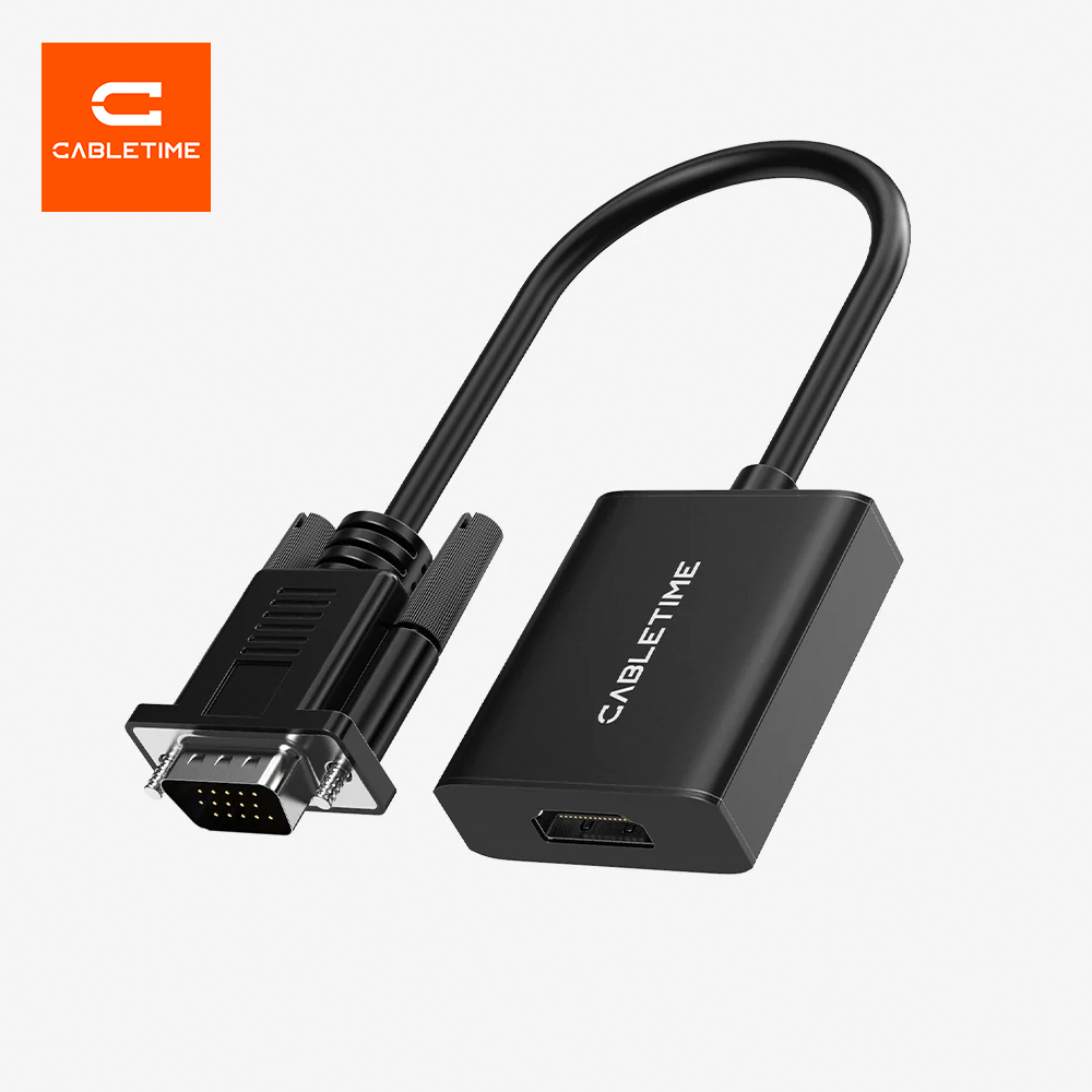Adaptador Conversor VGA a HDMI CABLETIME 1080P 60Hz Activo Unidireccional con Audio y Alimentación USB Carcasa de Aluminio Plug & Play para Laptop Antigua PC a Smart TV y Monitor S2369