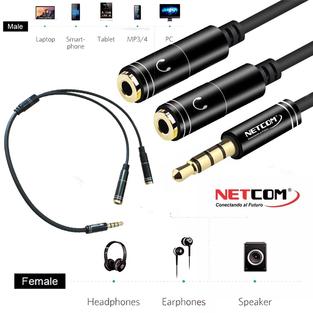 Adaptador Splitter Jack 3.5mm Audífonos Divisor 2 Hembra Mini netcom S1184