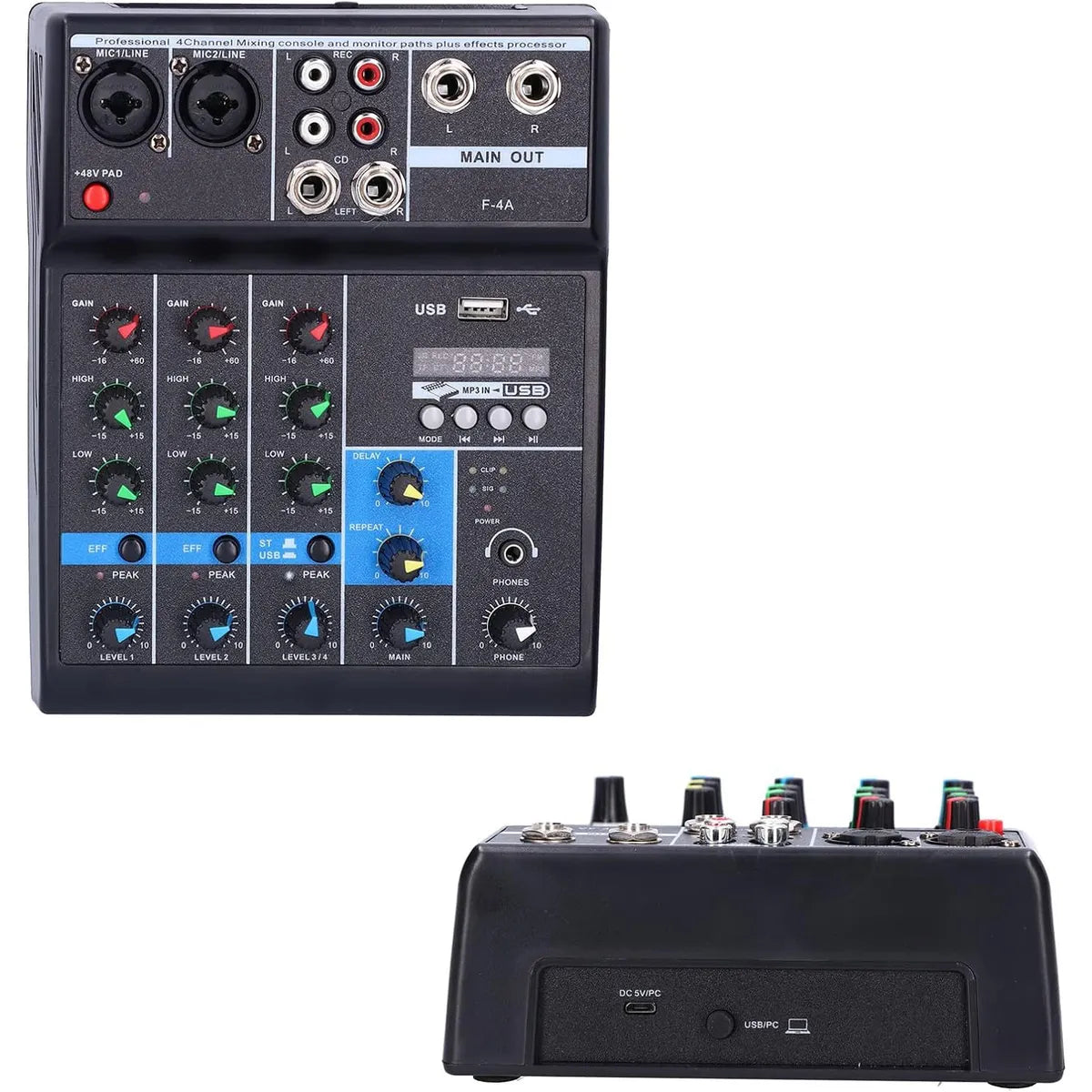 Consola Mezcladora de Audio Profesional 4 Canales Bluetooth USB Phantom +48V Tarjeta de Sonido F-4A s2256