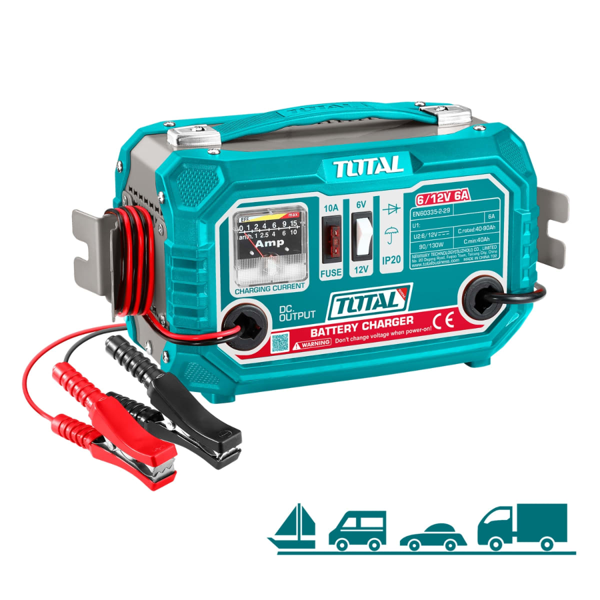 Cargador de Batería 6V / 12V 6A TOTAL Taller Automotriz 40-90Ah Amperímetro Analógico Fusible 10A 220V S2318