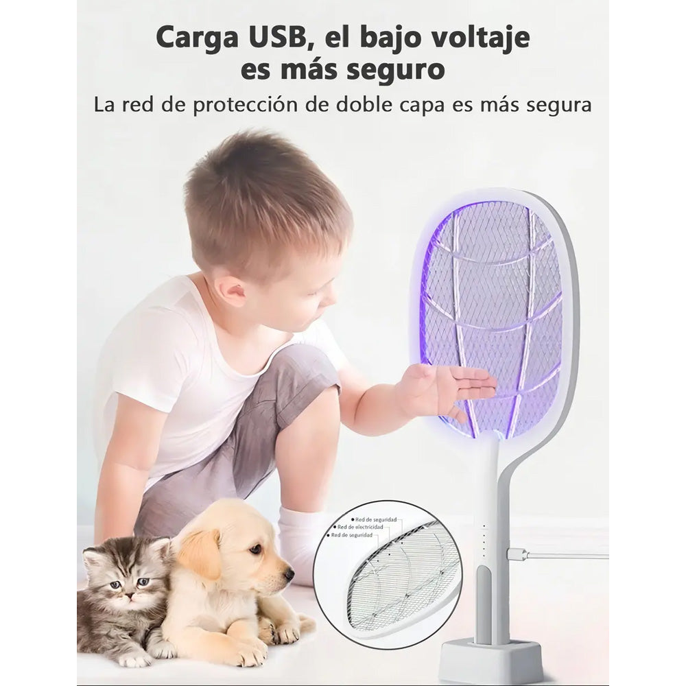 Raqueta Eléctrica Antimosquitos 2 en 1 con Lámpara UV y Base de Carga S2102