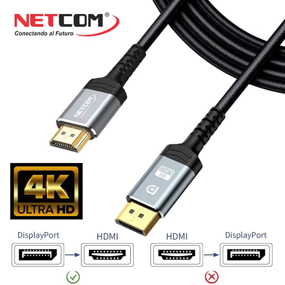 Cable Displayport a HDMI Netcom Macho 1.8 Metros 4k DP a HDMI 60hz S1128