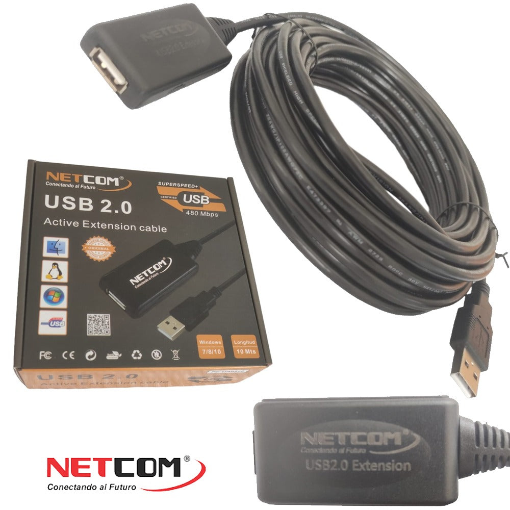 Cable Extensión USB 2.0 Activo Netcom Macho a Hembra 10 Metros S1083