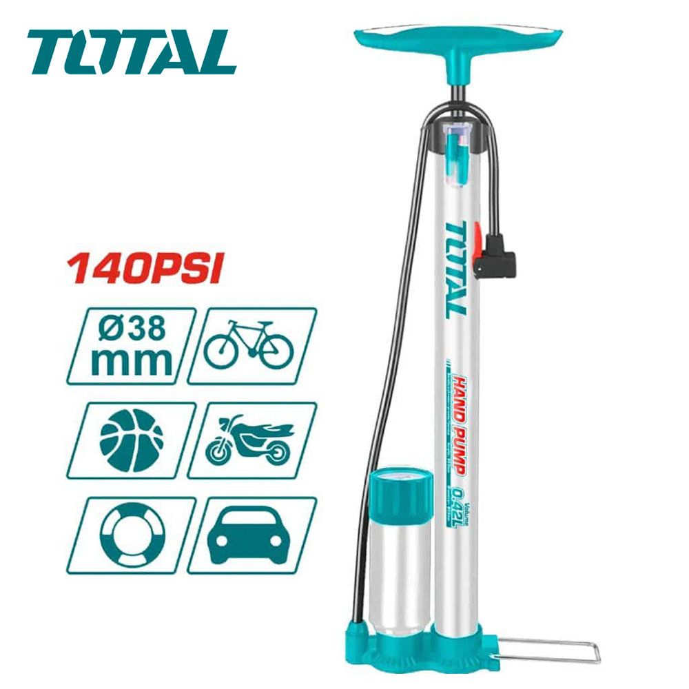 Inflador Manual de Pie TOTAL 38x500mm con Tanque y Manómetro 50mm Bar/PSI Cabezal Multiválvula TMPP3811 S2324