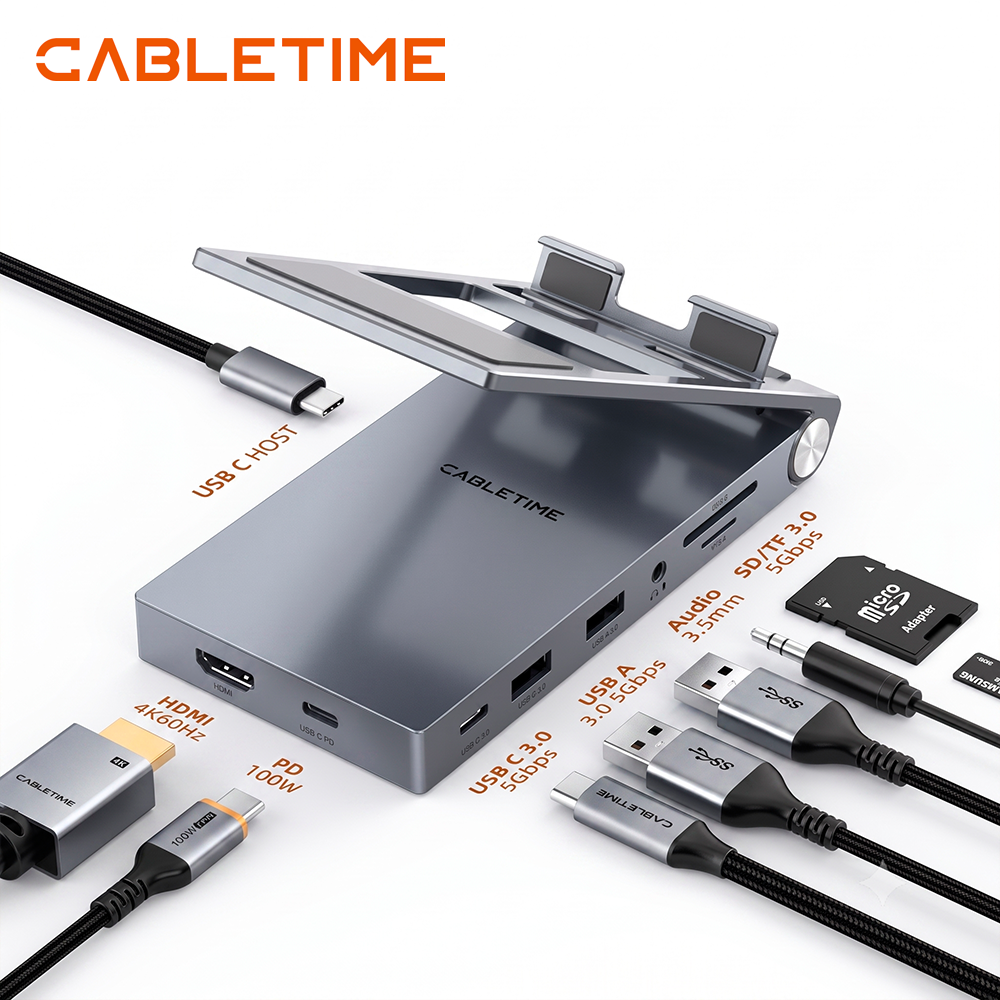 Hub USB-C 8 en 1 y Soporte Plegable CABLETIME 4K 60Hz PD 100W SD/TF 3.5mm Aluminio iPad Pro Switch s2279