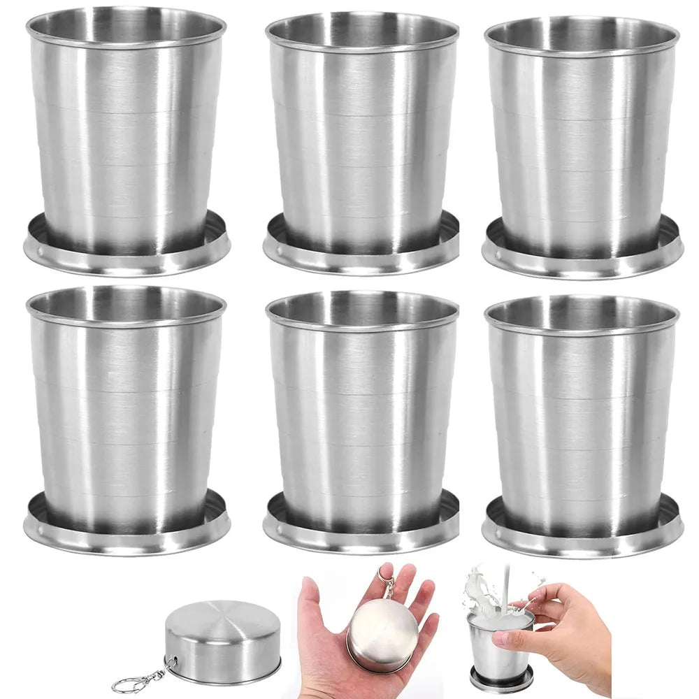 6 Vaso Plegable de Acero Inoxidable 8cm con Llavero Reutilizable 140ml S1803