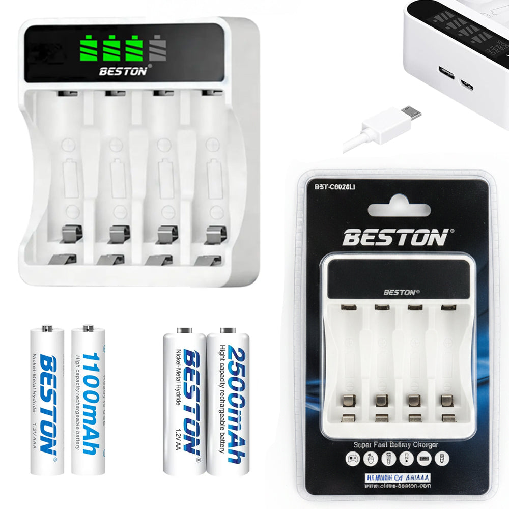 Kit Cargador Inteligente de Pilas + 2 AA y 2 AAA Ni-MH con Pantalla LCD 4 puestos S2004