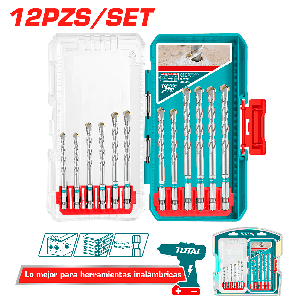 Juego de Brocas para Albañilería y Concreto 12 Piezas TOTAL 3-10mm Vástago Hexagonal 1/4" Punta de Carburo con Estuche Industrial S2323