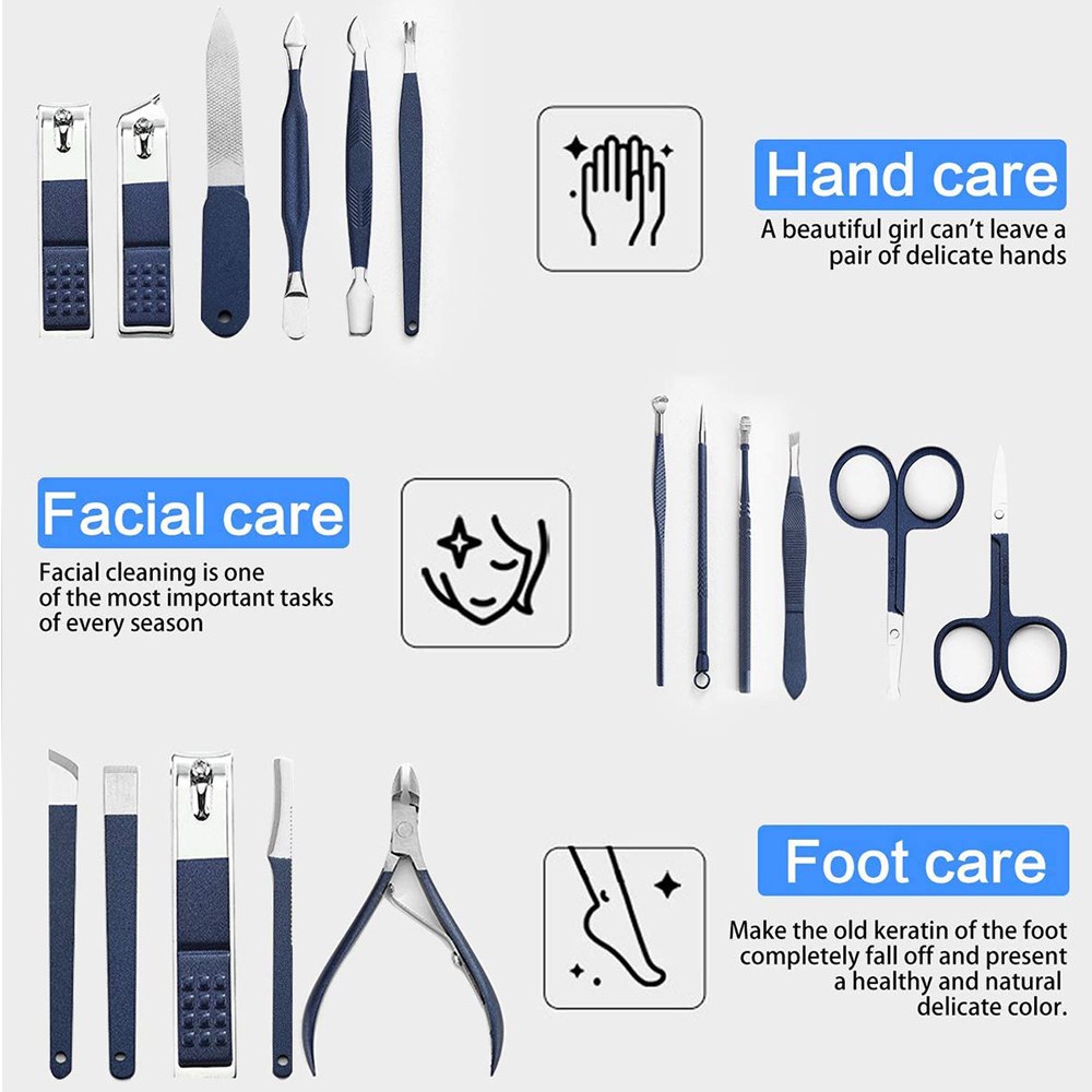 Set Manicure Pedicure Acero Inoxidable 18 Piezas Azul kit S1411
