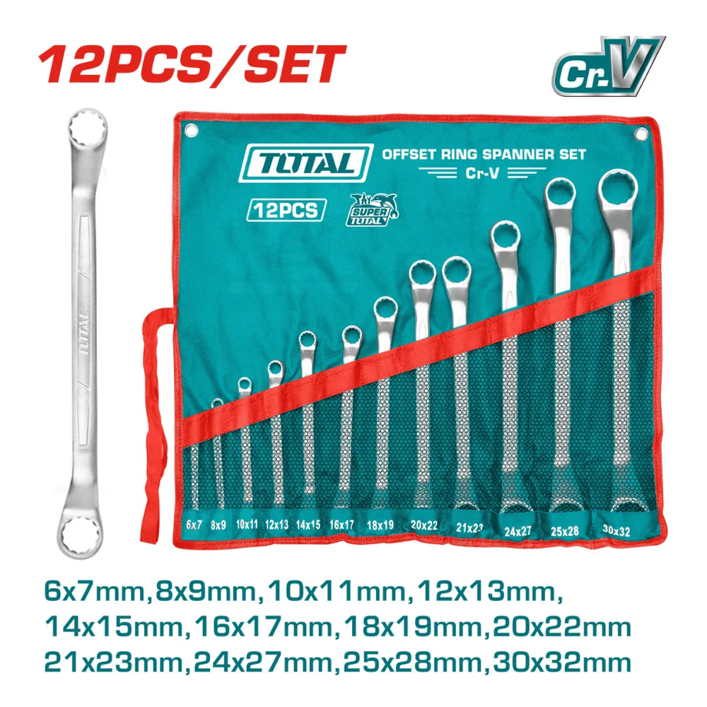 Juego de Llaves Doble Corona Acodadas 12 Piezas TOTAL 6-32mm Acero Cr-V con Estuche de Lona Enrollable THT1024121 S2320