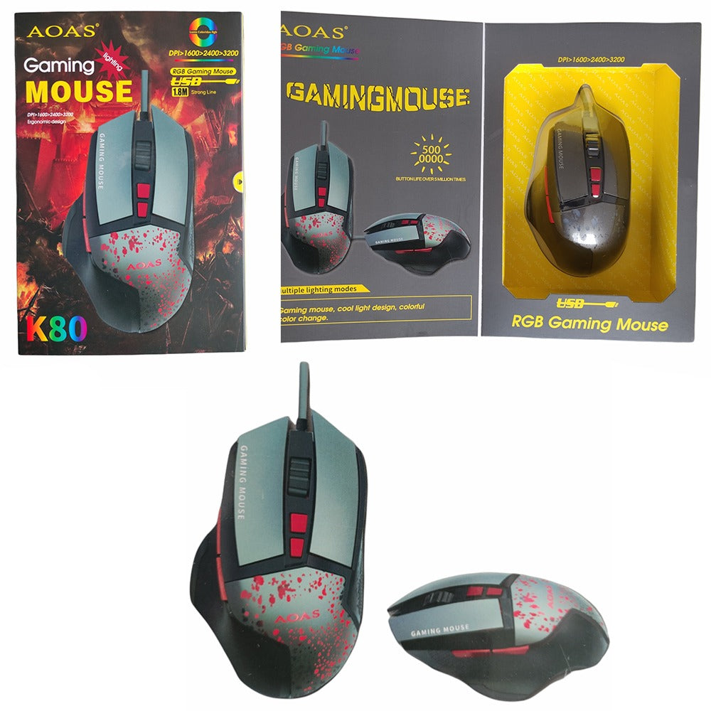 Mouse Gamer Aoas K80 Rgb Iluminación Led 3200 Dpi Cable 1.8m S0750
