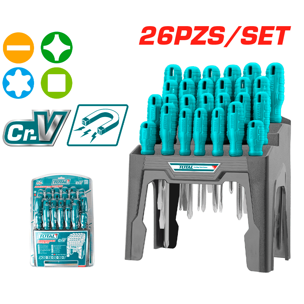 Juego de Destornilladores 26 Piezas TOTAL Acero Cr-V Puntas Magnéticas con Estación Base Organizadora THTDC252601 S2319