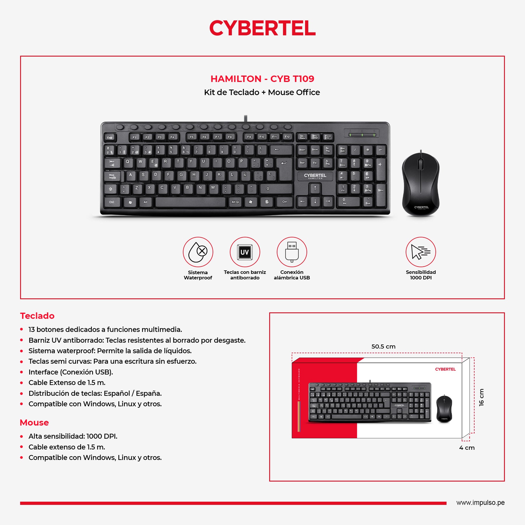 Kit Multimedia Teclado y Mouse USB Cybertel Hamilton 13 Botones Dedicados UV Waterproof 1000DPI CYB T109 s2242