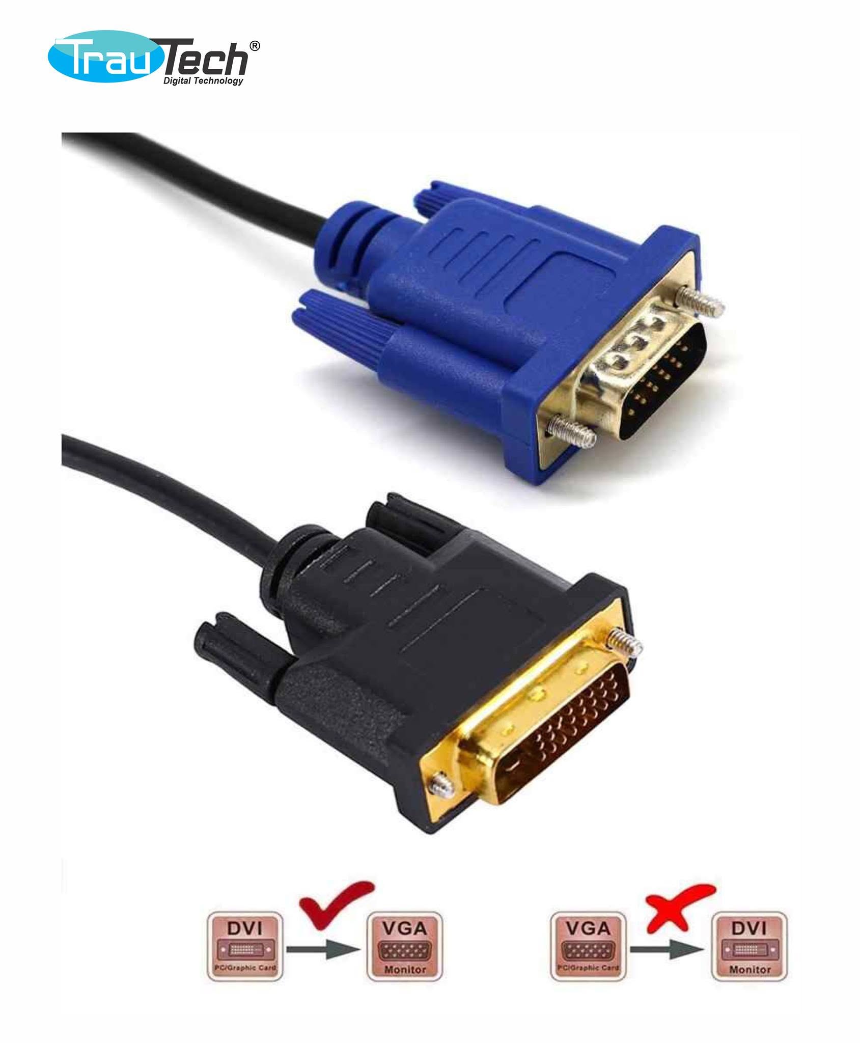 Cable Convertidor de Video DVI 24+5 a VGA Trautech de 1.80 Metros (PE-DV0085) S2149