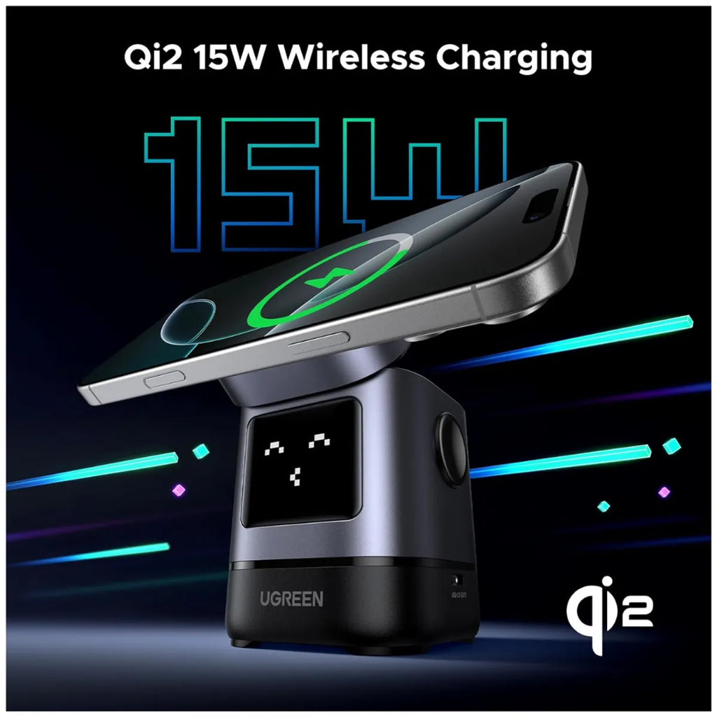Estación de Carga Inalámbrica 2 en 1 UGREEN Uno 15W Qi2 MagSafe Pantalla Robot Ajustable 70° S2292