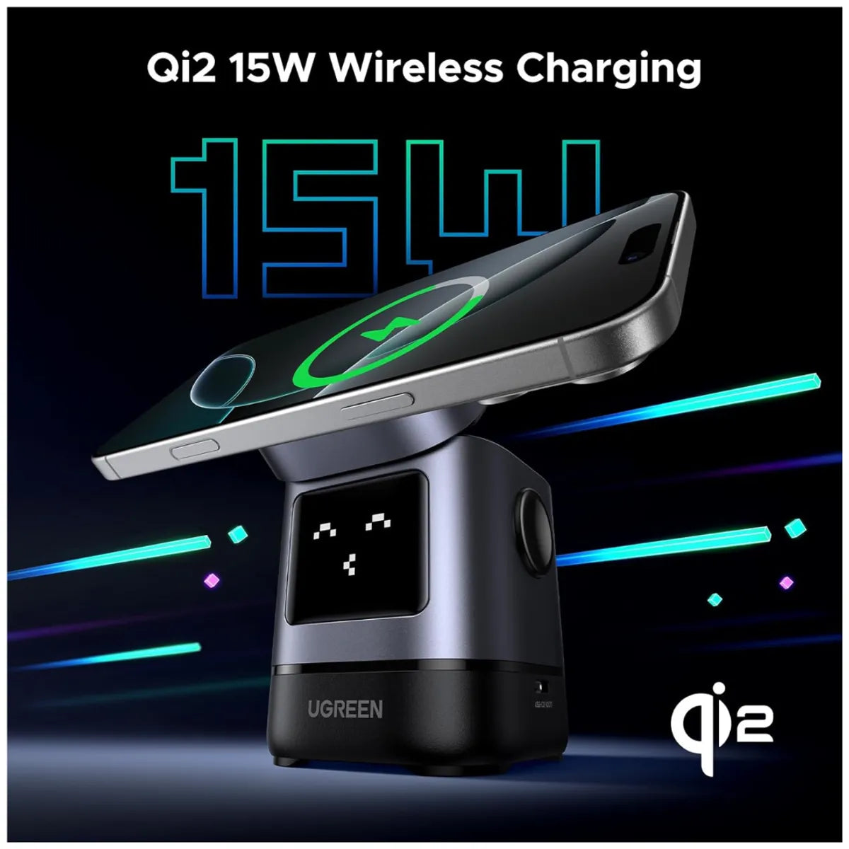 Estación de Carga Inalámbrica 2 en 1 UGREEN Uno 15W Qi2 MagSafe Pantalla Robot Ajustable 70° S2292