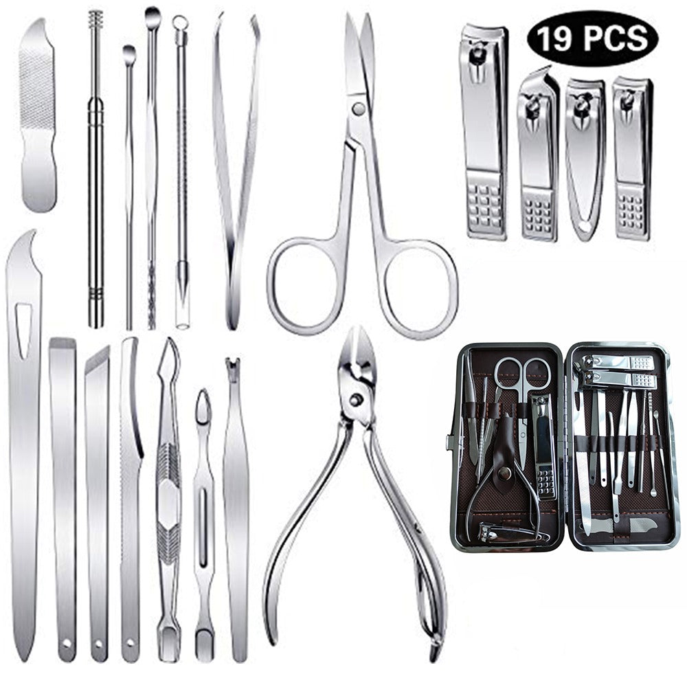Set Manicure Pedicura Acero Inoxidable 19 Piezas Cortauñas - Marron S0801