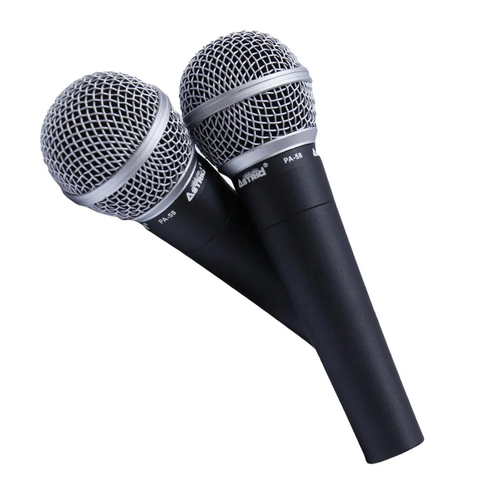 2 Micrófonos Alámbrico Profesional PA-58 DUO Astrid Metálico Dinámico Unidireccional maletin S1975