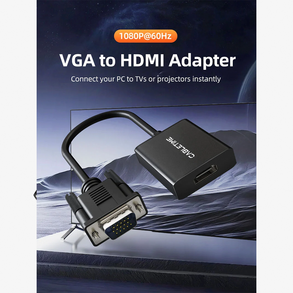 Adaptador Conversor VGA a HDMI CABLETIME 1080P 60Hz Activo Unidireccional con Audio y Alimentación USB Carcasa de Aluminio Plug & Play para Laptop Antigua PC a Smart TV y Monitor S2369